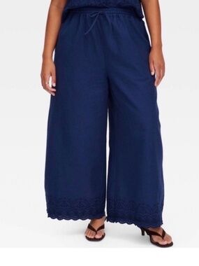 Roller Rabbit x Target Wide Leg Linen Pants with Embroidery Navy Blue. Sz L.